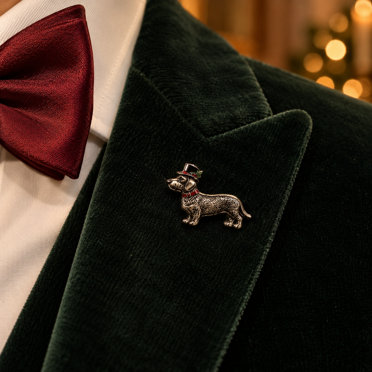 Pin Weihnachts-Wilhelm: Festtagsdackel am Revers eines dunkelgrünen Samt-Dinnerjackets
