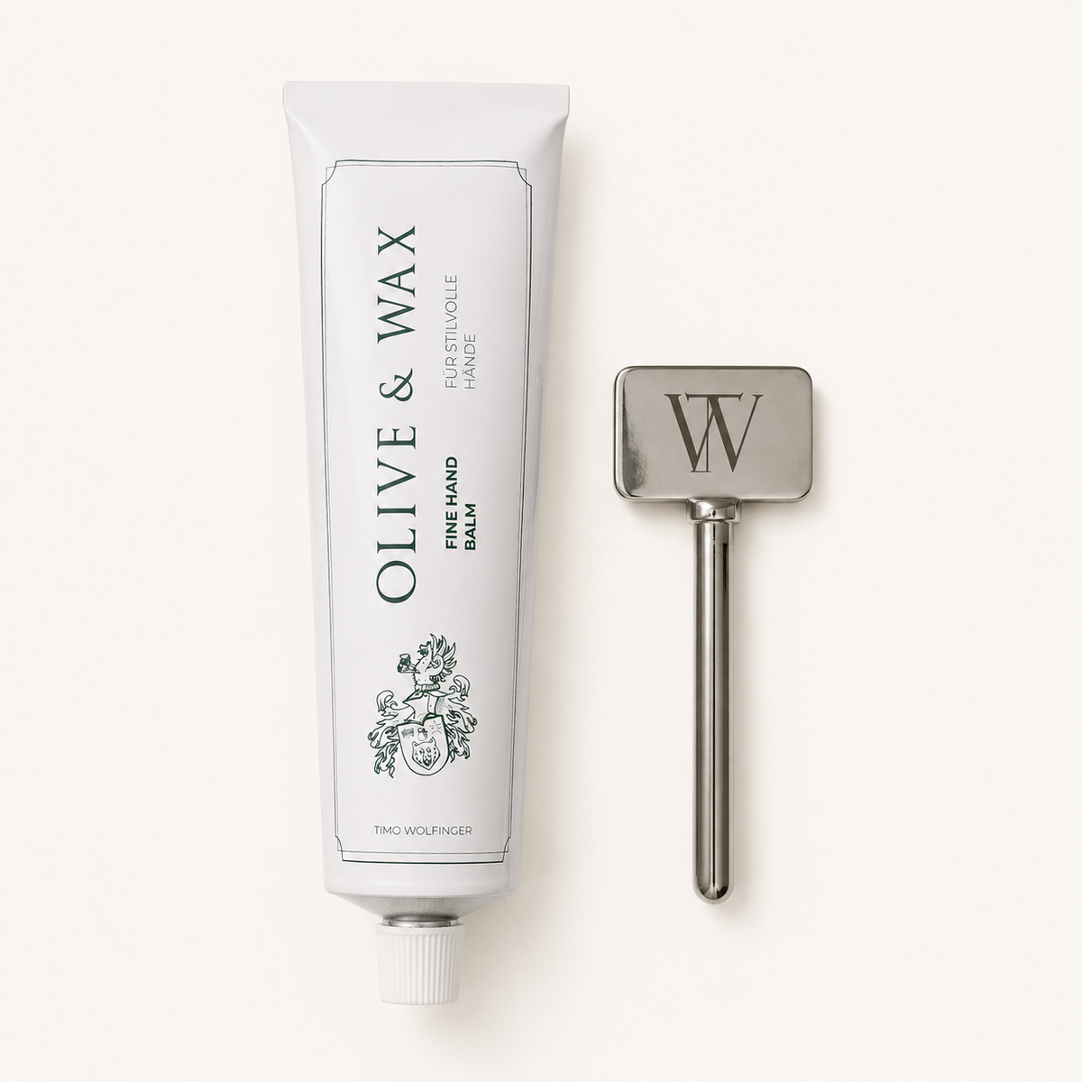 Olive & Wax Fine Hand Balm – Tube mit metallenem Tubenschlüssel, freigestellt