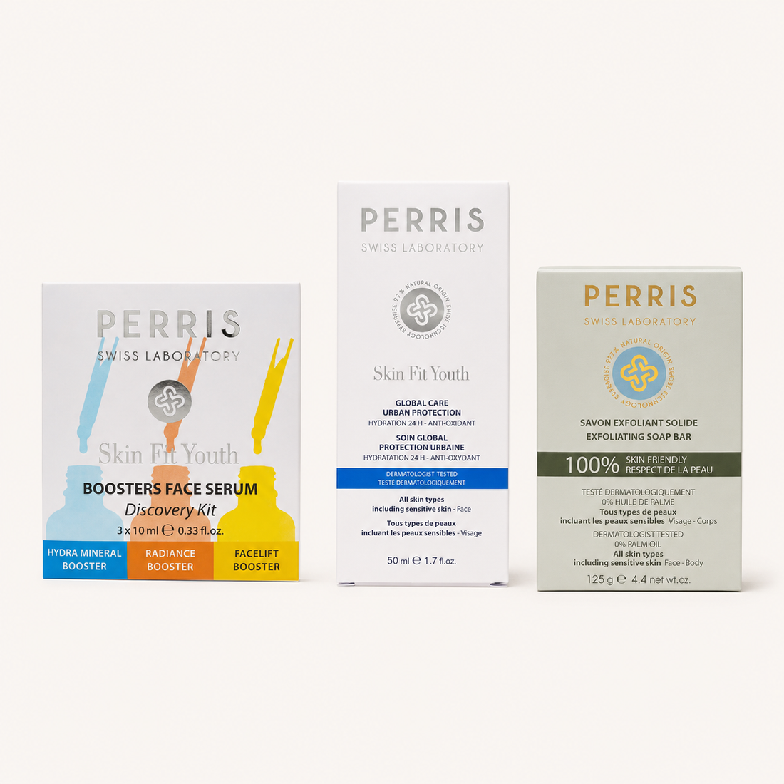 Skin Care Kit – die Verpackungen von Boosters Discovery Kit, Global Care Urban Protection und Exfoliating Soap Bar, freigestellt