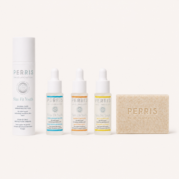 Perris Swiss Laboratory × Timo Wolfinger Skin Care Kit – die komplette Routine, freigestellt: Global Care, drei Booster und Exfoliating Soap Bar